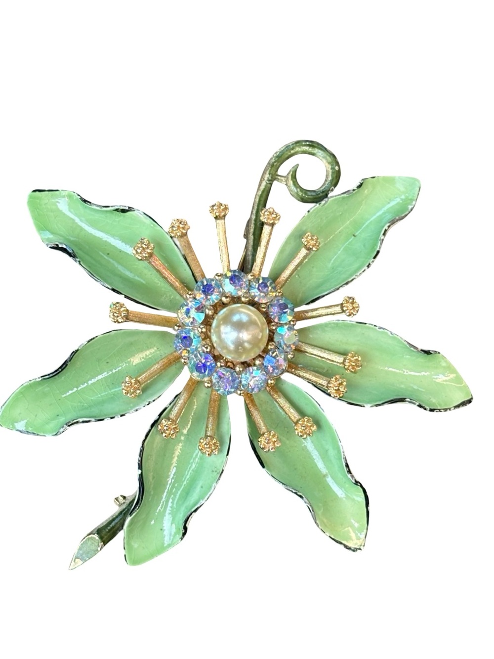 Lisner Premium Vintage Green Enamel Flower Brooch w/Pearl & Aurora Crystal Halo
